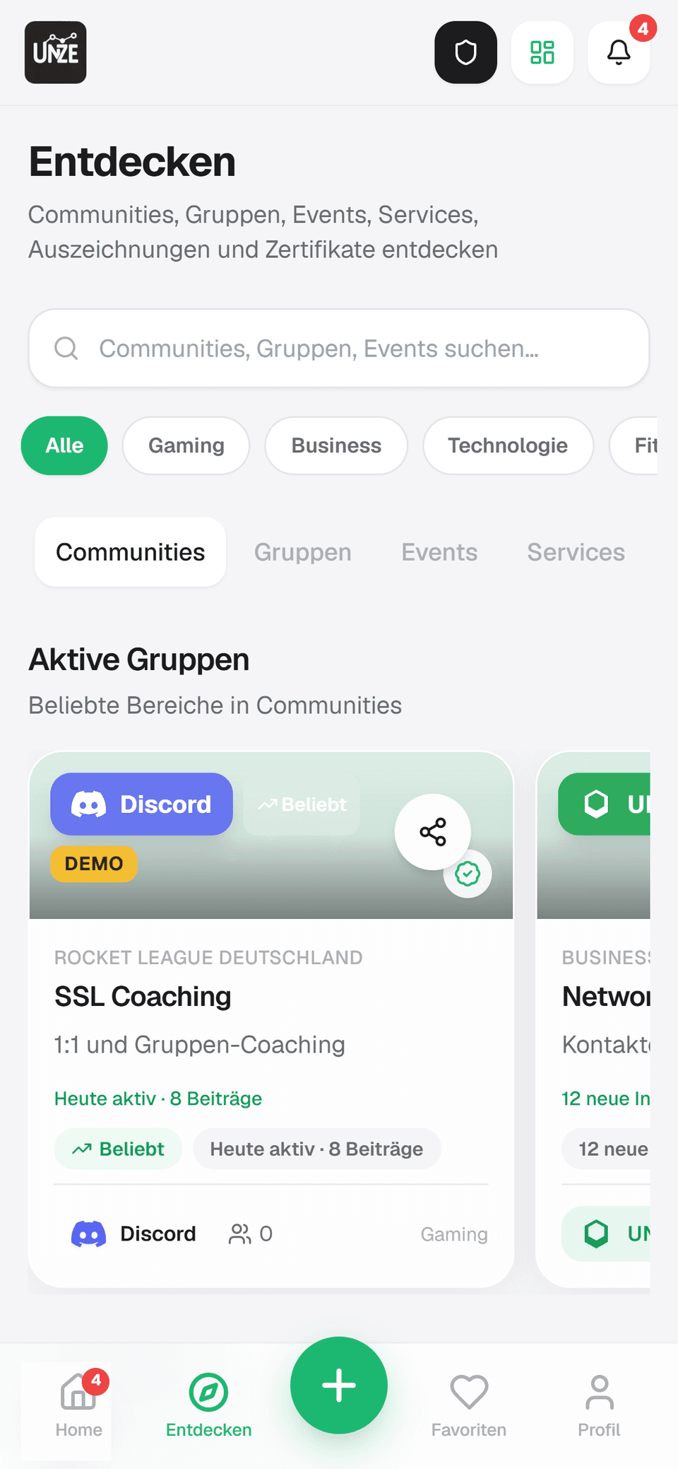 UNZE Connect — mobile App-Ansicht Discover