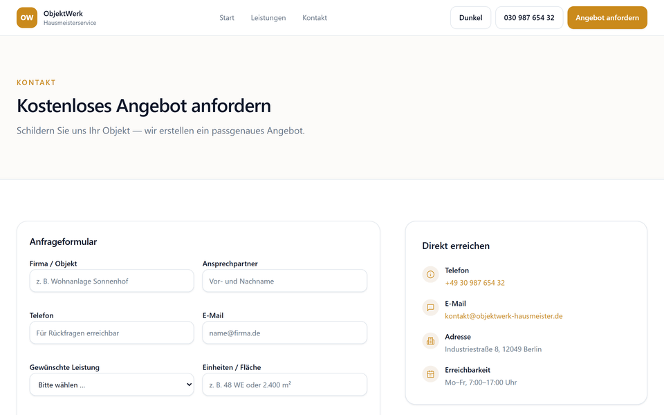 ObjektWerk Hausmeisterservice — Kontakt (Templates Business Core)