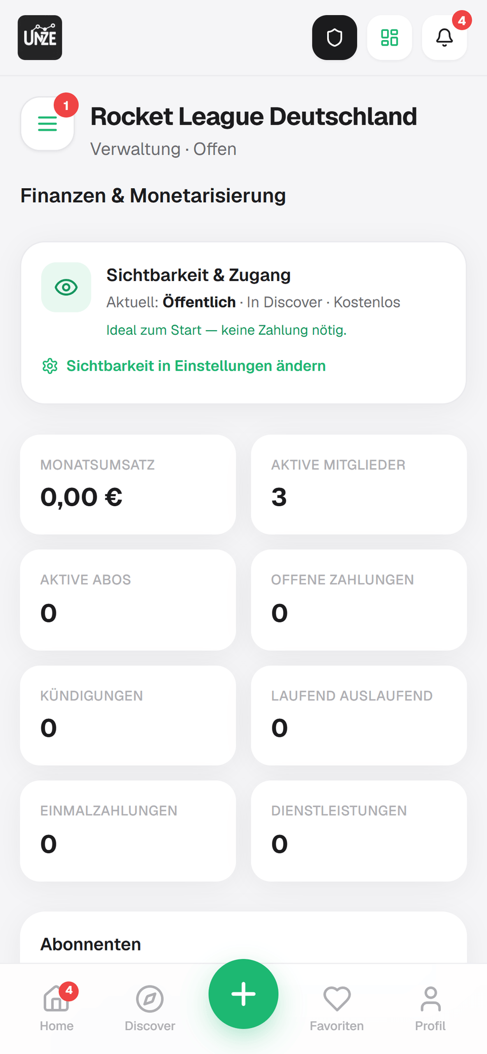 UNZE Connect — Administration & Monetarisierung